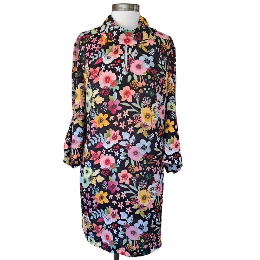 GIL SANTUCCI Italy Retro 70s Floral Shift Dress IT 44 US 8 Cowl Neck Bell Sleeve